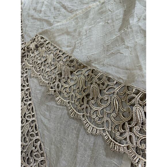 2 Sheer Arched Valances Short Window Curtains Light Brown Intricate Lace Trim - Picture 3 of 7